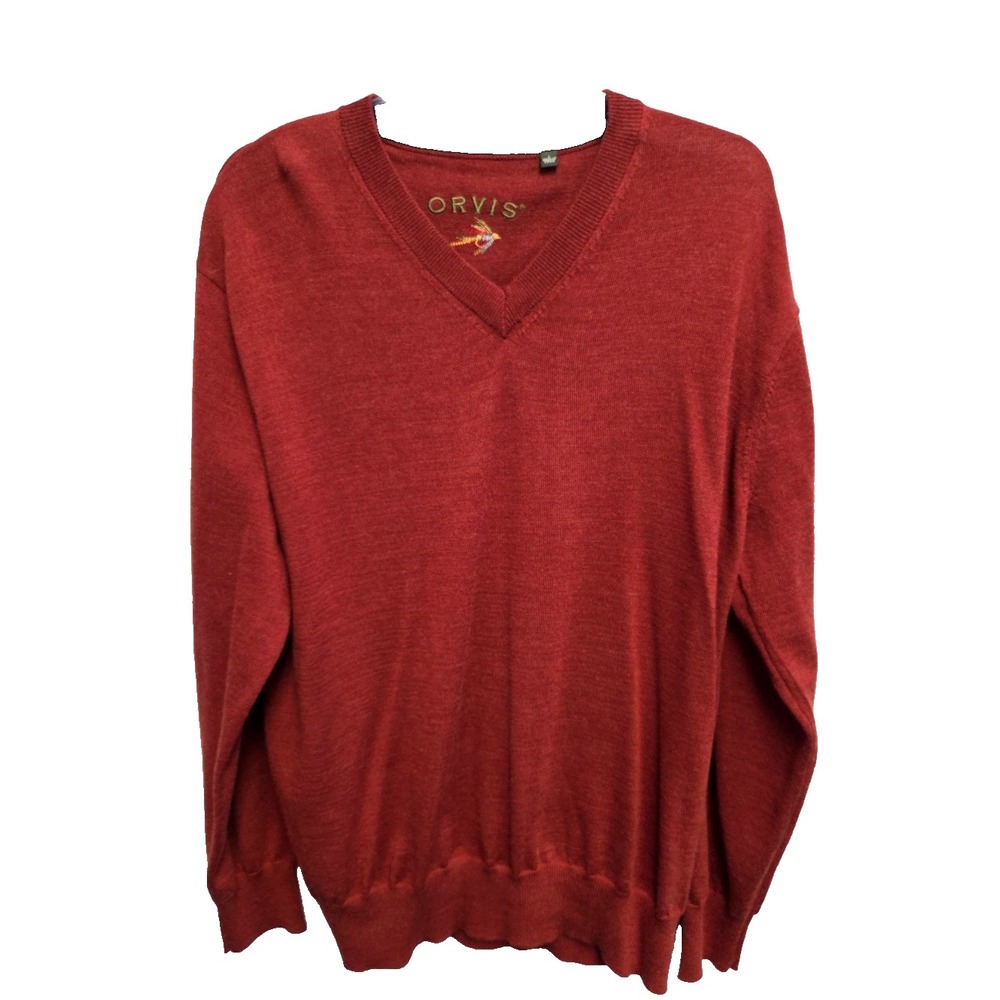 Orvis 100% Merino Wool V Neck Sweater Size Lg Burgundy Pullover Long Sleeve